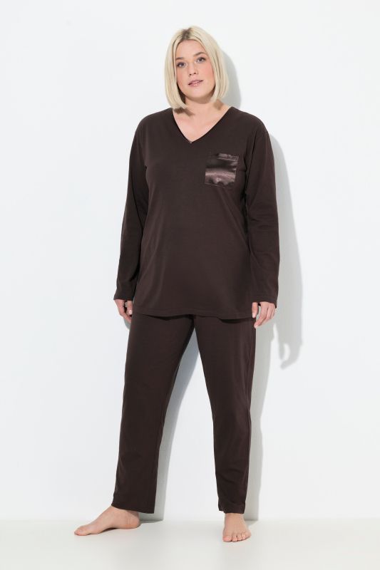 Pyjama à col en V et manches longues, poche poitrine en satin