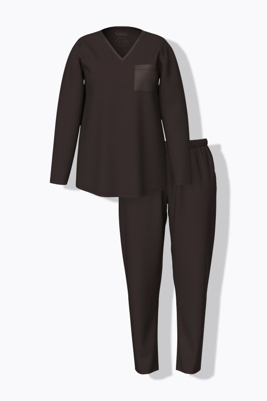 Pyjama à col en V et manches longues, poche poitrine en satin