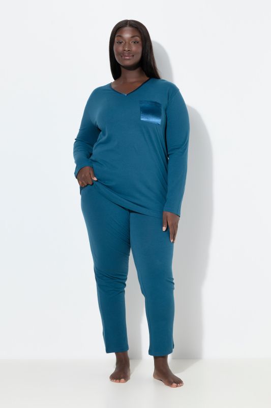Pyjama à col en V et manches longues, poche poitrine en satin