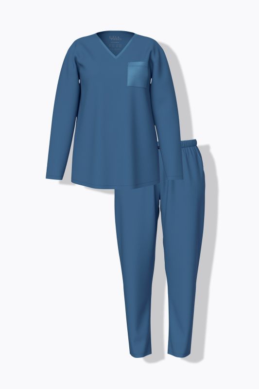 Pyjama à col en V et manches longues, poche poitrine en satin