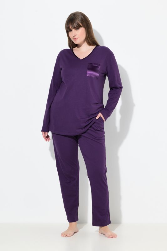 Pyjama à col en V et manches longues, poche poitrine en satin