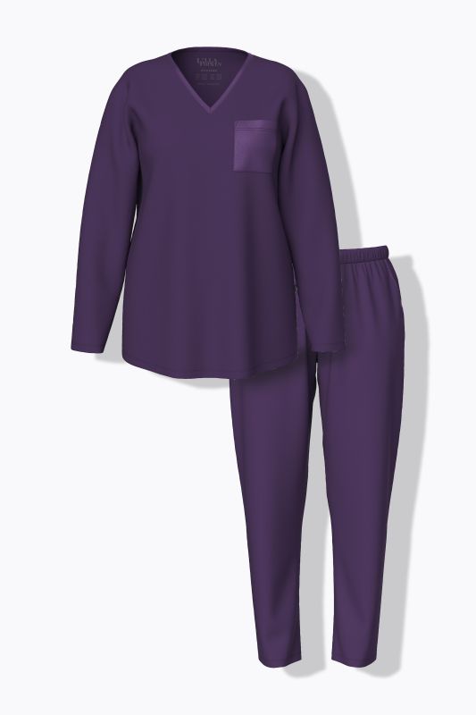 Pyjama à col en V et manches longues, poche poitrine en satin