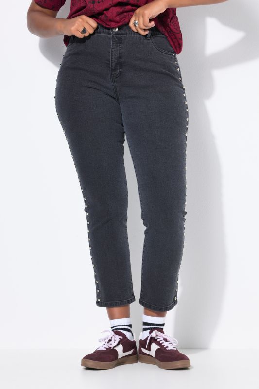Jean Mom coupe 5 poches à taille élastique, rivets fantaisie