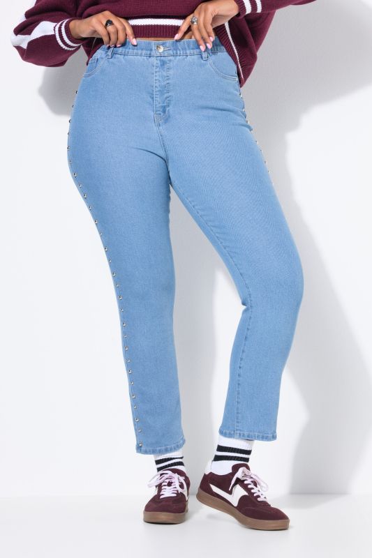 Jean Mom coupe 5 poches à taille élastique, rivets fantaisie