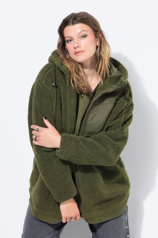 Veste en polaire bouclée, oversized, capuche, manches longues