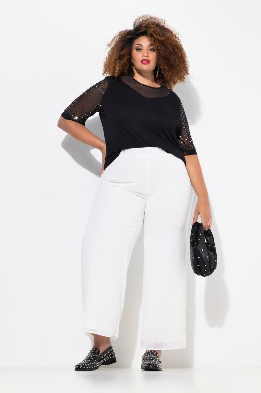 Pantalon en mousseline double épaisseur, jambe large et taille élastique
