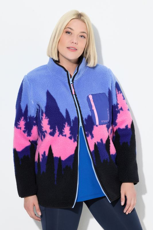 Veste en polaire motif montagne, col montant et fermeture à glissière à double sens