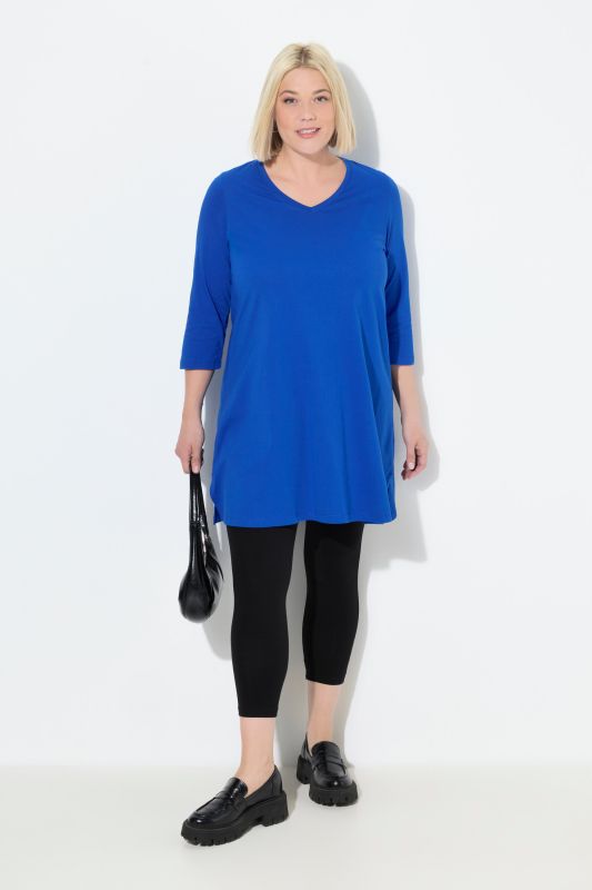 T-shirt long, coupe évasée, décolleté en V et manches 3/4