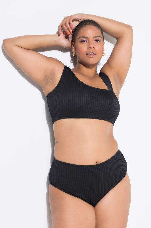 Haut de bikini, effet épaule nue. Bonnets souples. Matière à rayures texturées