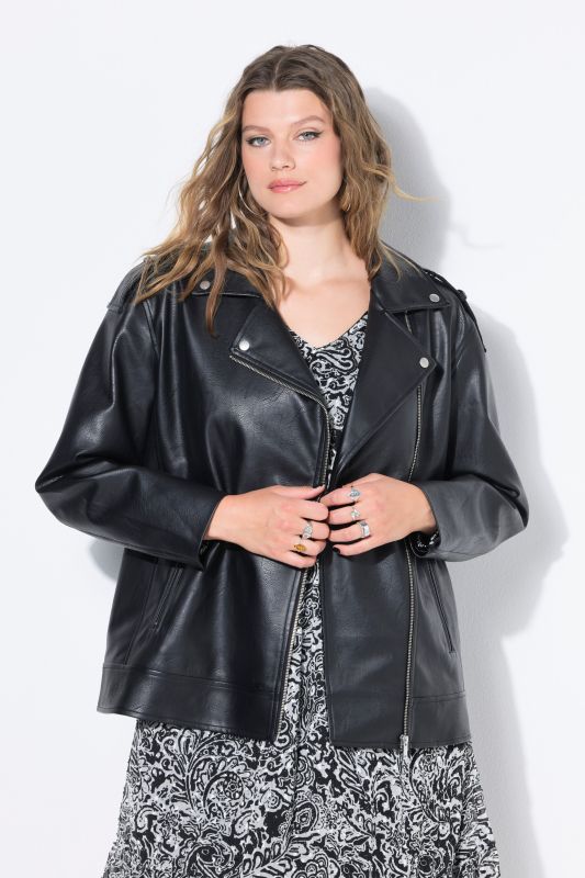 Veste de motard longue et oversize en similicuir, zip métallique