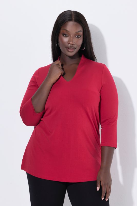 T-shirt à manches 3/4 et col calice en coton Pima, ligne en A