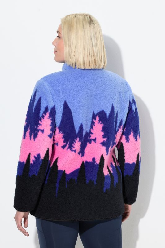 Veste en polaire motif montagne, col montant et fermeture à glissière à double sens
