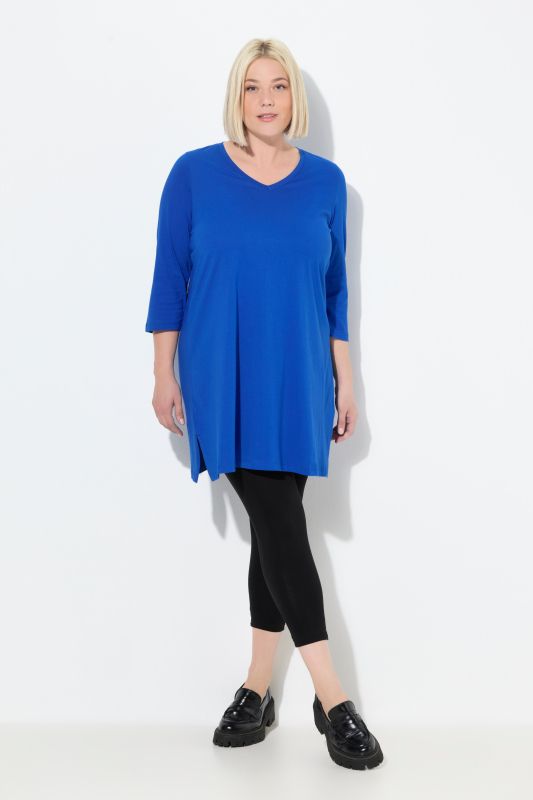 T-shirt long, coupe évasée, décolleté en V et manches 3/4