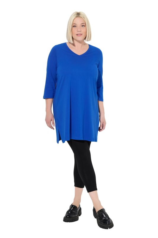 T-shirt long, coupe évasée, décolleté en V et manches 3/4
