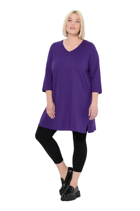 T-shirt long, coupe évasée, décolleté en V et manches 3/4