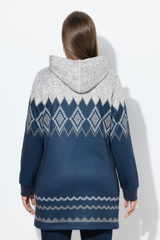 Pull long en maille polaire. Motif norvégien. Capuche et manches longues