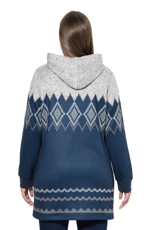 Pull long en maille polaire. Motif norvégien. Capuche et manches longues