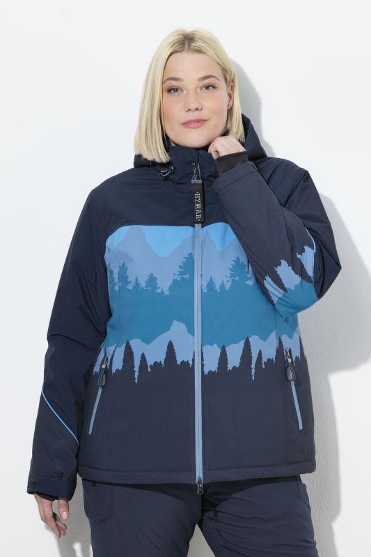 Veste technique déperlante à capuche, avec jupe de protection contre la neige et motif montagne
