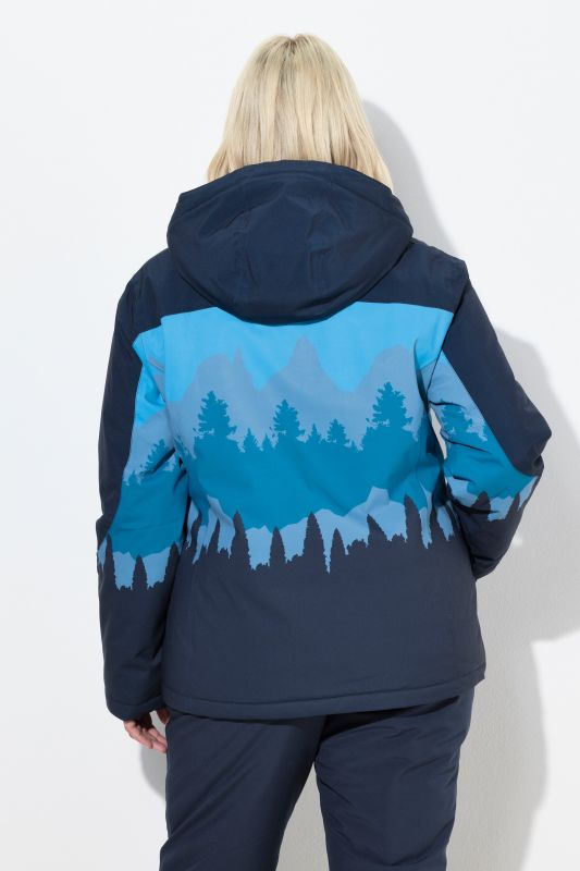 Veste technique déperlante à capuche, avec jupe de protection contre la neige et motif montagne