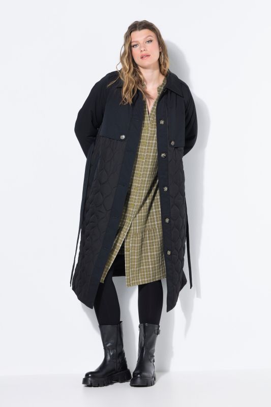 Trench-coat évasé, texture mixte et matelassage, rembourré, ceinture nouée