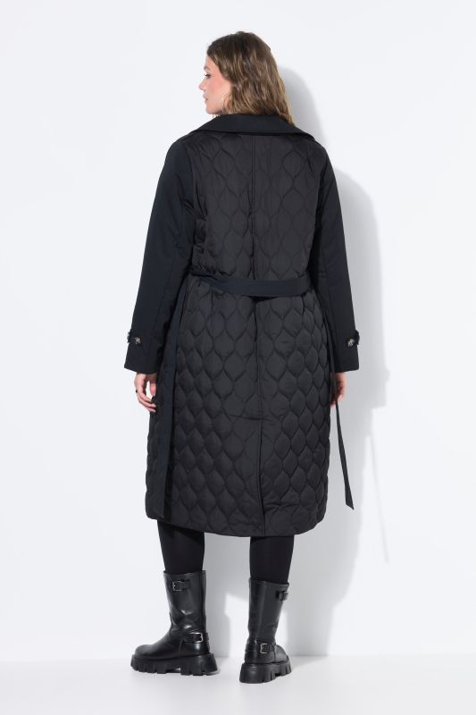 Trench-coat évasé, texture mixte et matelassage, rembourré, ceinture nouée