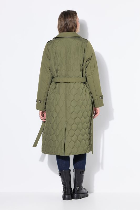 Trench-coat évasé, texture mixte et matelassage, rembourré, ceinture nouée