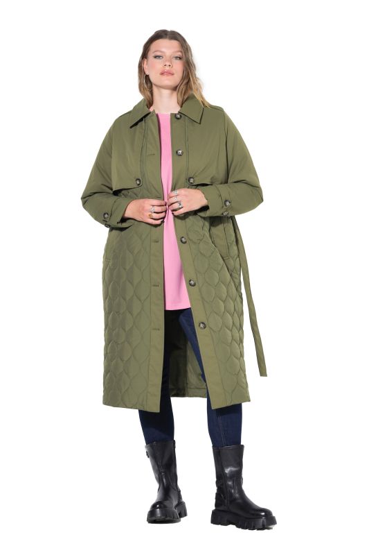 Trench-coat évasé, texture mixte et matelassage, rembourré, ceinture nouée