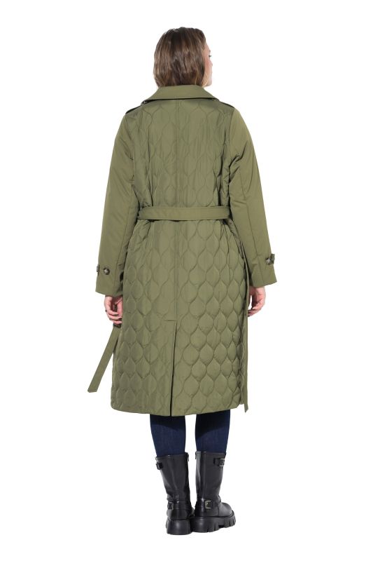 Trench-coat évasé, texture mixte et matelassage, rembourré, ceinture nouée