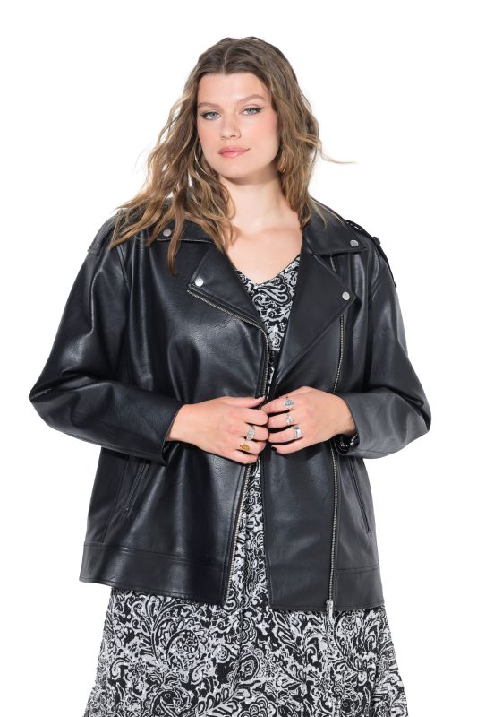 Veste de motard longue et oversize en similicuir, zip métallique