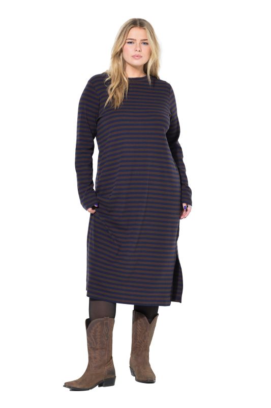 Robe maxi en jersey côtelé à rayures, coupe évasée, manche longues