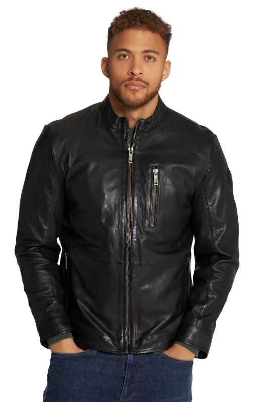 Veste de motard en cuir. Col montant et fermeture zippée