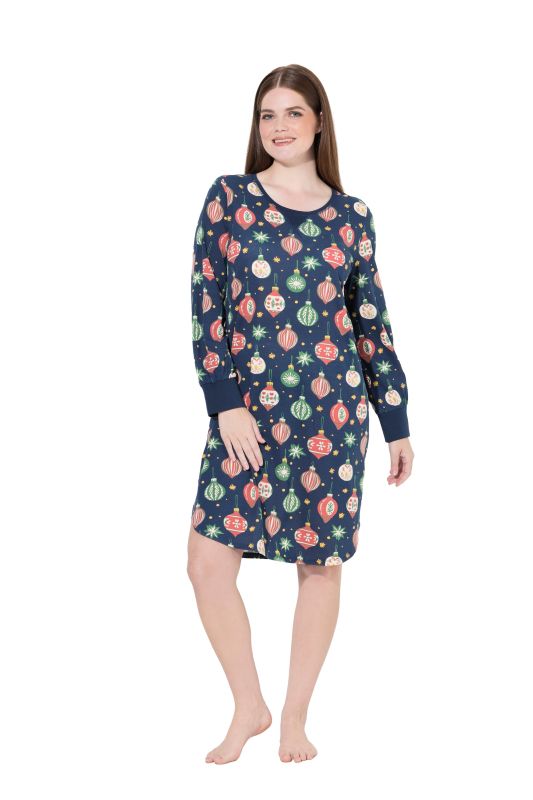 Chemise de nuit en coton bio, col rond et manches longues, imprimé décorations de sapin de Noël