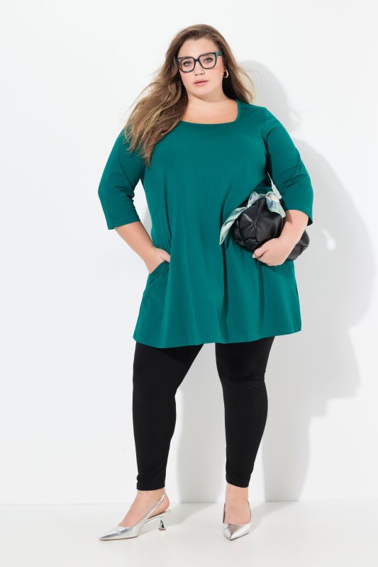 T-shirt long, coupé évasée, décolleté carré et manches 3/4