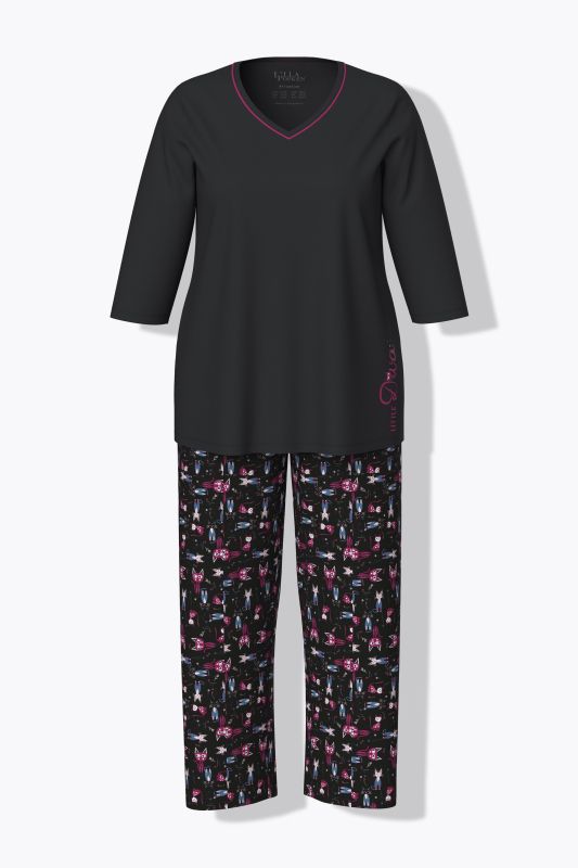 Pyjama motif chats, col en V, manches 3/4 et poches