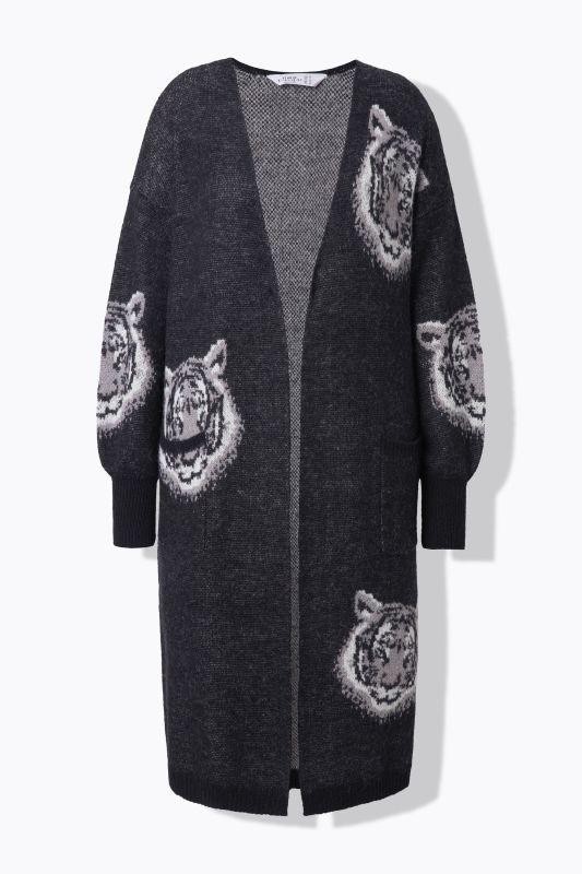 Cardigan long, motif tête de tigre, coupe longue et ouverte