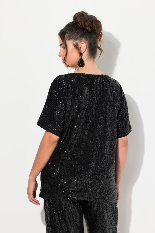 T-shirt oversized à paillettes, décolleté en V et manches courtes