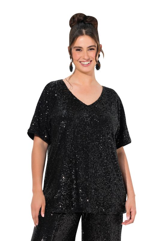 T-shirt oversized à paillettes, décolleté en V et manches courtes