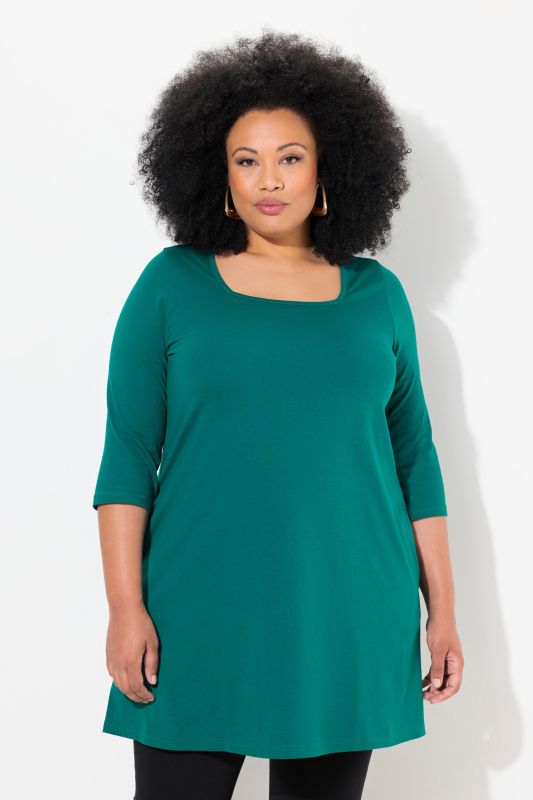T-shirt long, coupé évasée, décolleté carré et manches 3/4