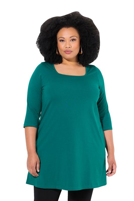 T-shirt long, coupé évasée, décolleté carré et manches 3/4
