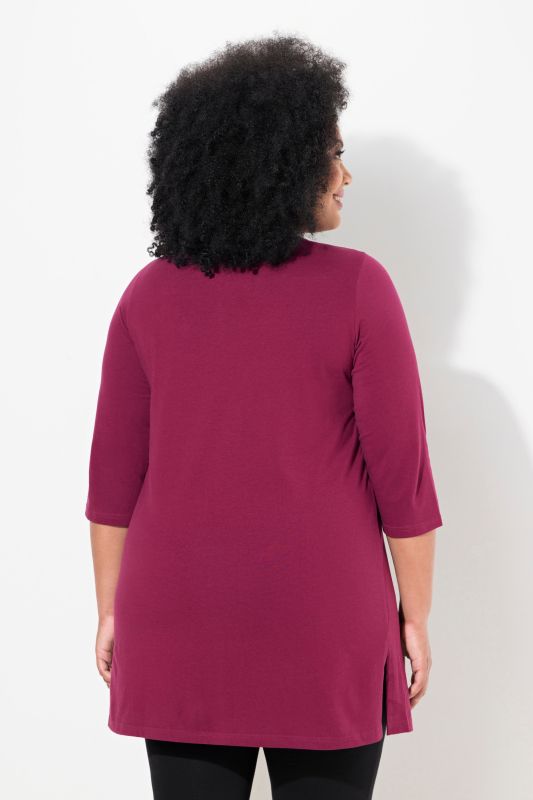 T-shirt long, coupe évasée, décolleté en V et manches 3/4