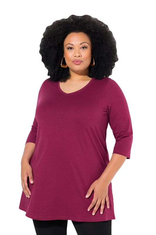 T-shirt long, coupe évasée, décolleté en V et manches 3/4