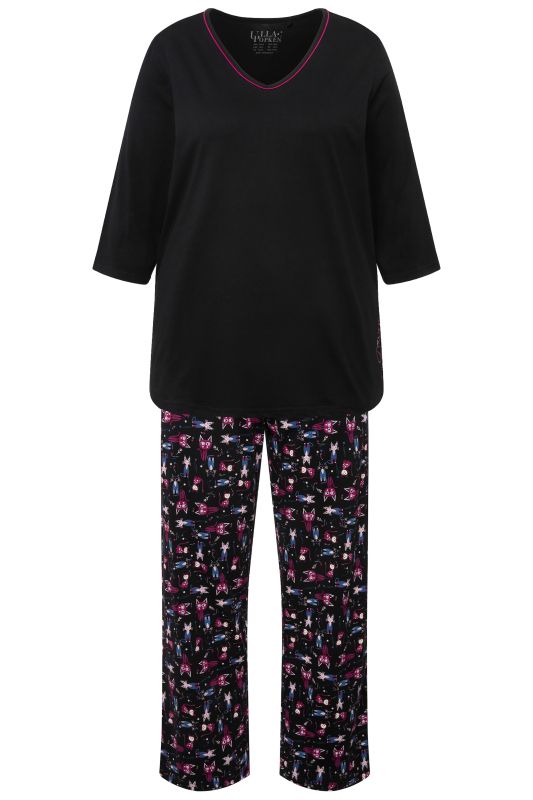 Pyjama motif chats, col en V, manches 3/4 et poches