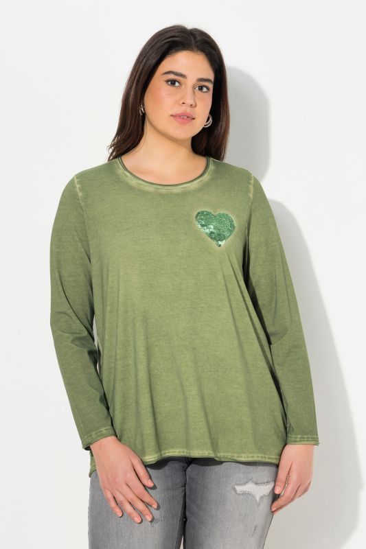 T-shirt manches longues, décolleté en V et cœur à paillettes, teinture à froid cold dyed