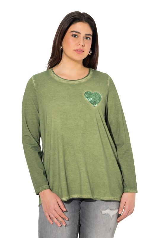 T-shirt manches longues, décolleté en V et cœur à paillettes, teinture à froid cold dyed