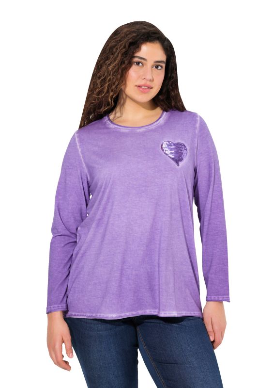 T-shirt manches longues, décolleté en V et cœur à paillettes, teinture à froid cold dyed