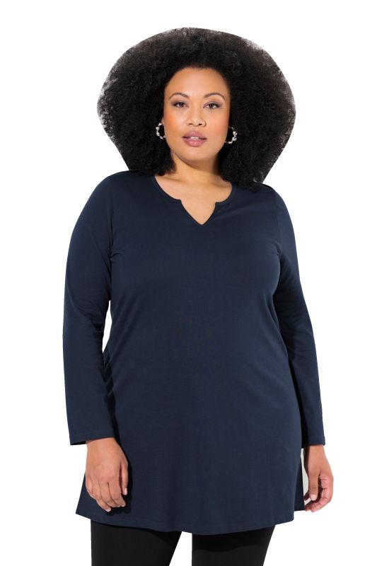 T-shirt long, col tunisien et manches longues, coupe évasée