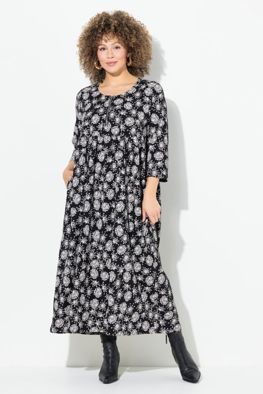 Robe midi en jersey à col rond et manches 3/4, motif pissenlit