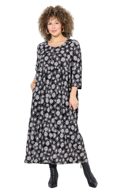 Robe midi en jersey à col rond et manches 3/4, motif pissenlit