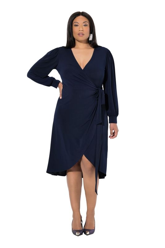 Robe cache-cœur, longueur midi, manches longues ballon, décolleté en V et ceinture à nouer