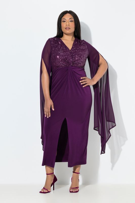 Robe maxi en mousseline, paillettes, décolleté en V et manches longues
